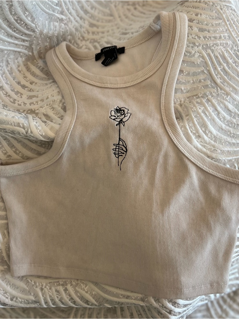 Forever 21 White Ribbed Racerback Crop Top with Black Rose Stitching